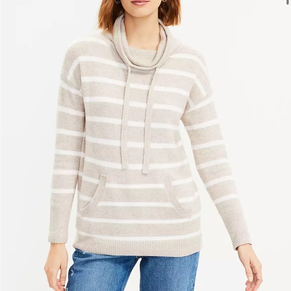 NWT Loft Striped Drawstring Neck Pocket Sweater Stone Heather - Picture 1 of 15